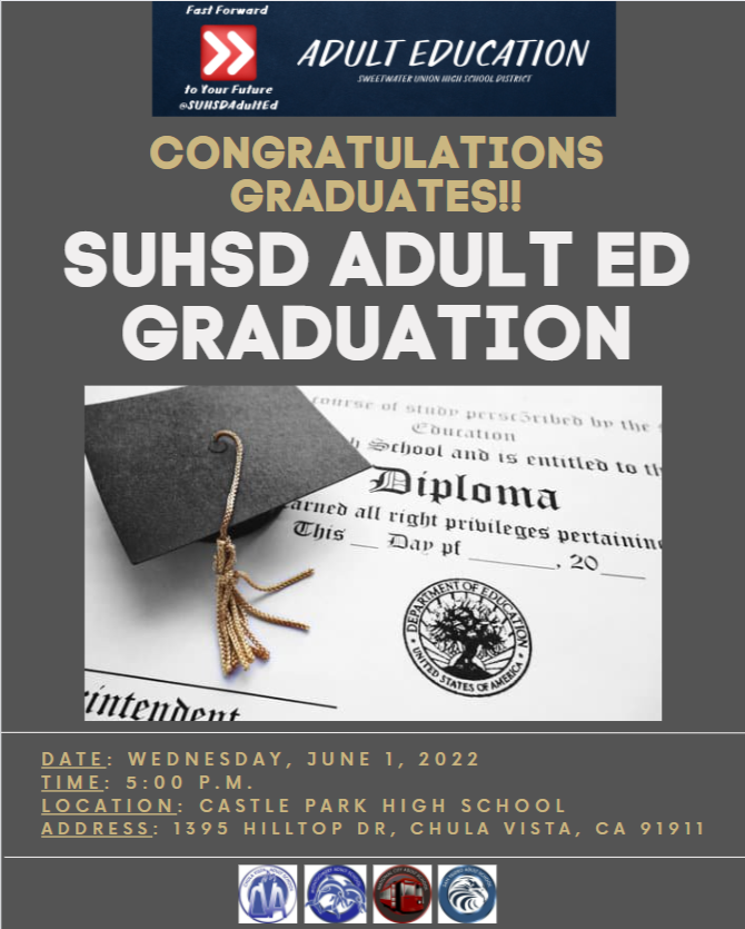 2022 SUHSD Adult Education Graduation flyer for graduates and families.